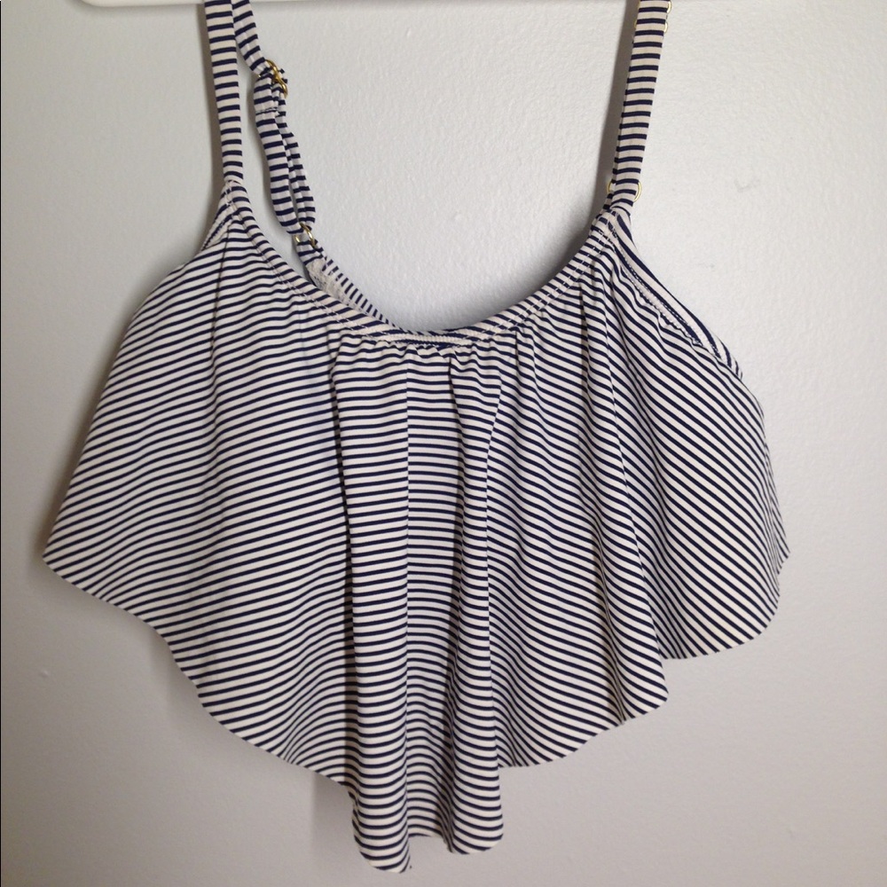Navy and white striped target bikini top.